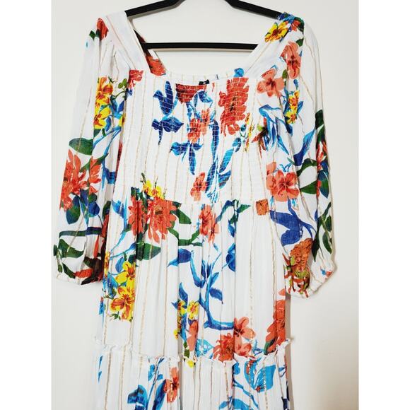 Anthropologie Me 2 Magic Womens Small Dress Long Floral Boho Maxi White Smocked - Picture 2 of 9